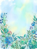 Watercolor floral border with blue and teal flowers, green leaves, gold accents, and soft pastel background, perfect for cards and prints.