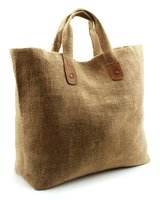 Natural burlap tote bag with leather handles isolated on white background, eco-friendly shopping accessory for sustainable lifestyle and zero waste concept.