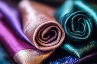 Colorful silk fabric rolls in purple, pink, copper, and teal tones with shimmering texture, ideal for luxury fashion and textile design projects.