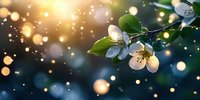 Spring cherry blossom branch with white flowers against blurred bokeh background in golden sunset light, creating magical nature atmosphere with sparkles.