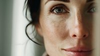 Close up portrait of young Caucasian woman with natural makeup, green eyes and dark hair looking directly at camera with gentle smile and soft lighting.