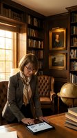 Middle-aged woman with light brown hair and glasses wearing gray blazer and white blouse, leaning over wooden desk with tablet in classic library study room surrounded by bookshelves, globe, and framed portraits.