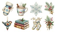 Cozy winter holiday decorations featuring knit mittens, festive mug, snowflakes, holly sprigs, ornaments, stacked books, and striped stockings. Perfect for seasonal designs and holiday projects.