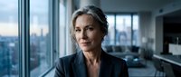 Professional mature businesswoman executive in corporate office with city skyline view through windows during evening hours for leadership concepts.