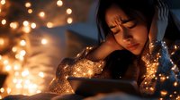 Young Asian woman in glittering dress resting peacefully with eyes closed, surrounded by warm bokeh lights creating dreamy atmospheric mood for lifestyle and wellness concepts.