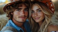 Young romantic couple in casual summer attire sharing intimate moment outdoors. Blonde woman in floral hat and man with wavy hair smiling at sunset, natural warm lighting.