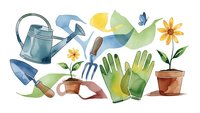 Watercolor gardening tools and supplies collection with watering can, gloves, trowel, flowers and pots on white background for spring design projects.
