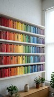 Rainbow colored books arranged by hue on white floating shelves against brick wall in modern home library with plants and natural light from window.