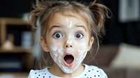 Young girl with messy face covered in white cream or flour making surprised expression with wide open mouth and eyes, showing playful childhood moment.