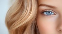 Close up portrait of young woman with blue eyes and blonde wavy hair, soft focus beauty shot showing natural makeup and flawless skin texture.