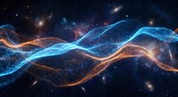 Abstract cosmic energy waves flowing through deep space with glowing blue and orange light trails against starry galaxy background for digital art projects.