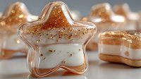 Star-shaped glass ornament filled with golden glitter and sparkles creates magical holiday decoration for Christmas celebrations and festive displays.
