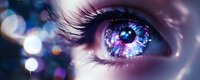 Macro shot of cosmic eye with vibrant blue and purple galaxy reflections, long eyelashes against blurred bokeh lights creating magical fantasy atmosphere.