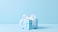 Light blue gift box with white ribbon bow on soft blue background, suitable for holiday, birthday, and celebration design projects.