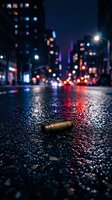 Spent bullet casing lies on wet urban street at night with blurred city lights and skyscrapers in background, depicting crime scene or urban danger.