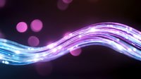 Glowing neon blue and purple light waves flow against dark background with bokeh effect, creating dynamic motion trails and ethereal atmosphere.