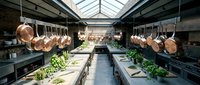 Professional commercial kitchen with copper pots hanging from ceiling racks, fresh herbs growing in planters, and natural skylight illumination for culinary design.