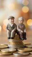 Elderly couple figurines sitting on stack of golden coins representing retirement savings and financial planning for senior years with warm bokeh background.