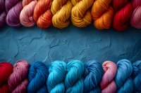 Colorful yarn skeins arranged in rows on dark blue textured background, featuring vibrant pink, orange, yellow, red, and turquoise wool threads for knitting and crafts.