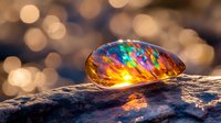 Colorful water drop macro on stone surface reflecting rainbow colors and bokeh light effects in background, nature photography with magical atmosphere.