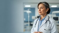 Professional female doctor with stethoscope in modern hospital setting looking confidently ahead in medical facility environment.