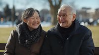 Senior Asian couple laughing together on park bench, wearing winter coats. Authentic candid moment showing joy and connection in retirement years outdoors.