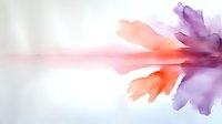 Delicate watercolor splash in coral pink and purple hues creating ethereal abstract shapes against soft white background, suitable for modern wall decor and stationery design.