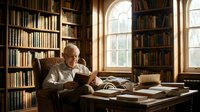 Elderly man reading book in traditional library with floor-to-ceiling bookshelves and natural window light creating warm scholarly atmosphere.