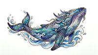 Ornate whale with flowing blue and purple swirls, isolated on white background, ready for design projects, apparel printing, and decorative applications.