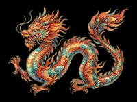 Ornate Asian dragon with flowing mane, turquoise and orange scales, isolated on transparent background. Ready for t-shirt design, clipart, stickers, sublimation, and print-on-demand products.