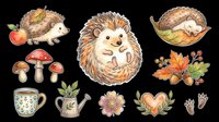 Cute hedgehog character collection with autumn elements, mushrooms, and floral designs isolated on transparent background. Ready for t-shirt designs, stickers, clipart, sublimation, and print-on-demand products.