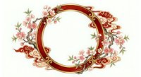 Ornate red and gold circular frame with delicate pink cherry blossoms and decorative swirls on transparent background for elegant design projects.