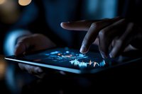 African American businessman analyzing financial market data on digital tablet with glowing stock charts in dark office environment.