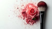 Pink rose bloom with scattered makeup powder and professional cosmetic brush on white background, creating artistic beauty composition for cosmetic industry.
