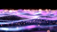 Abstract digital wave landscape with glowing purple and blue particles flowing in dynamic motion against dark background, creating futuristic terrain visualization.