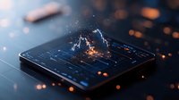 Young professional analyzing financial data on smartphone with glowing stock market chart and trading graph, suitable for fintech, investment, banking, and digital finance applications.