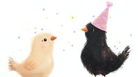 Cute cream and black baby chicks wearing party hats amid confetti and stars, hand-drawn style on white background for greeting cards and celebrations.