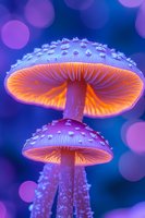 Glowing purple and orange mushrooms with luminescent gills against blurred bokeh background, creating magical forest atmosphere.