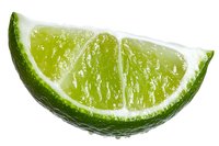Fresh juicy lime wedge with textured pulp and bright green peel isolated on white background, ready for cocktail garnish or cooking ingredient.