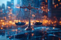Scales of justice on digital background with binary code and city lights, representing cyber law, digital rights and online legal regulations in modern society.