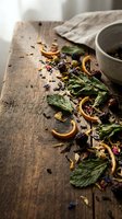 Herbal tea blend with dried mint leaves, orange peel and berries scattered on rustic wooden table with ceramic cup for natural wellness and relaxation.