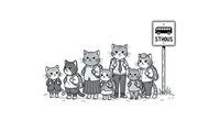 Anthropomorphic cat family group standing together wearing clothes next to street sign, isolated line art illustration for children's books, educational materials, and design projects.