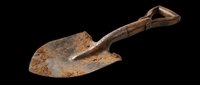 Rusty garden shovel with wooden handle isolated on transparent background, ready for design use on t-shirts, clipart, stickers, and print-on-demand products.