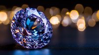 Sparkling blue diamond with brilliant facets against dark background with golden bokeh lights creates luxurious gemstone composition.