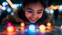 Young Asian female child smiling while playing with glowing orbs and colorful lights, suitable for children's entertainment, education, and holiday marketing campaigns.