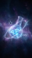 Futuristic laboratory flask with glowing blue liquid surrounded by molecular structures and infinity symbol against cosmic starry background for science concepts.