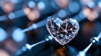 Crystal heart shape with geometric facets reflecting light against dark blurred background with bokeh effect creates romantic atmosphere for valentines and love themes.