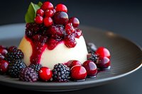 Creamy panna cotta dessert topped with mixed berry compote, fresh cranberries and blackberries on elegant plate for gourmet dining and culinary presentations.