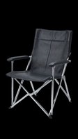 Black leather folding camp chair with silver metal frame, isolated on transparent background. Great for clipart, stickers, print on demand, sublimation, and t-shirt design.