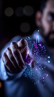 Businessman pointing at glowing financial chart hologram with pink and blue particles effect, dramatic lighting showcases market analysis and trading concept.